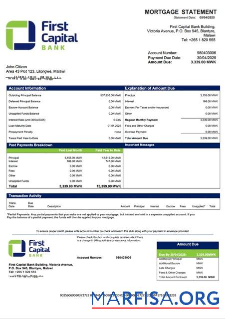 Blank Malawi First Capital Bank Malawi mortgage statement Word and PDF template